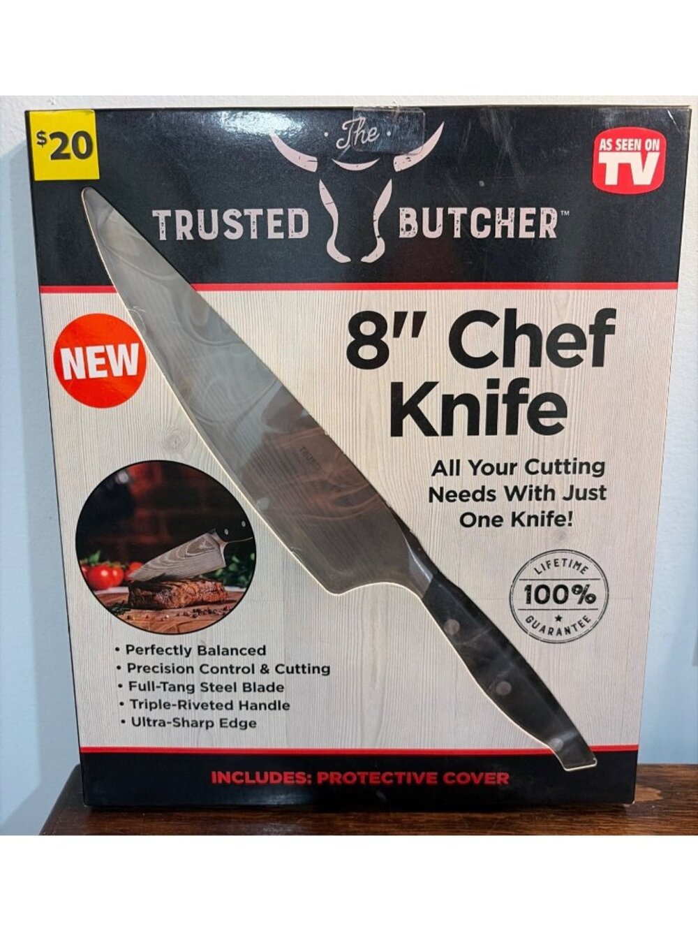 NWT The Trusted Butcher 8" Chef Knife Full-Tang Steel Blade & Protective Cover